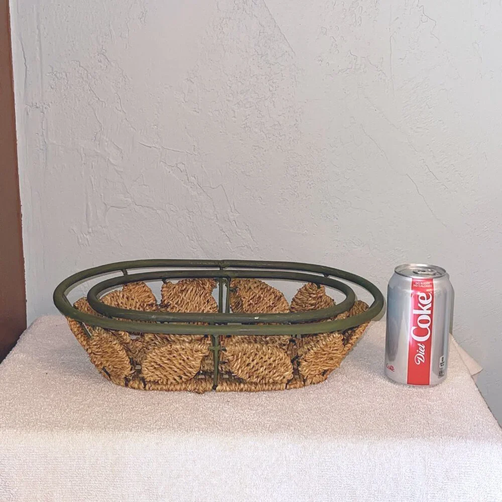 Baskets Set of 2 Metal and Woven Seagrass Leaf Design Oval